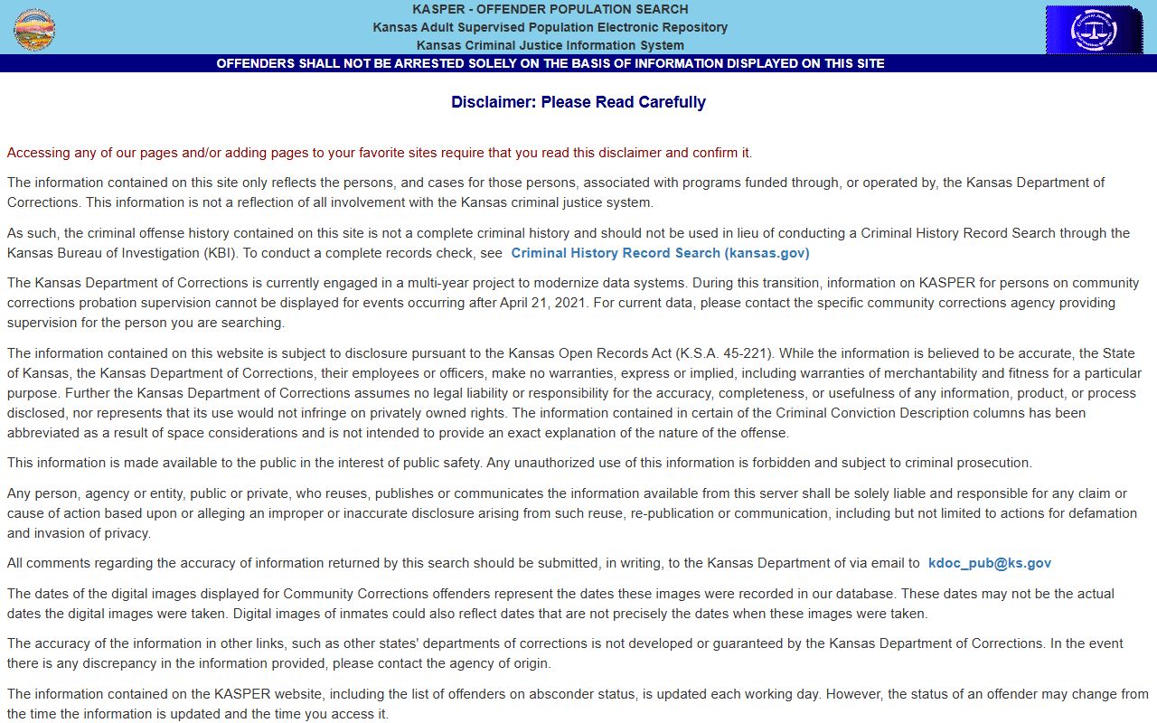 Stafford County inmate lookup through Kansas KASPER disclaimer screen